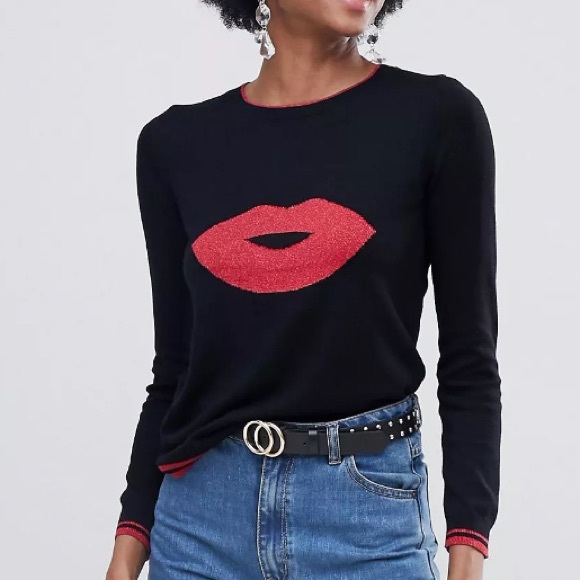 ASOS Oasis Crew Neck Sweater with Lips print Black/Red - Picture 1 of 7
